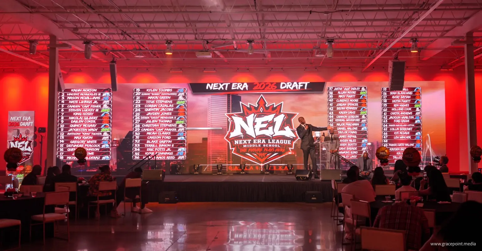 The completed 2026 Next Era League Draft board across the main stage